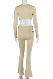 Khaki Fashion Sexy Solid Hollowed Out V Neck Long Sleeve Two Pieces