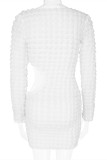 White Fashion Casual Solid Hollowed Out O Neck Long Sleeve Dresses