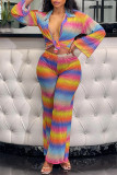 Yellow Fashion Casual Print Patchwork Turndown Collar Long Sleeve Two Pieces