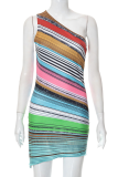 Colour Sexy Striped Patchwork One Shoulder Pencil Skirt Dresses