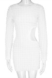 White Fashion Casual Solid Hollowed Out O Neck Long Sleeve Dresses