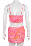 Pink Fashion Sexy Print Hollowed Out Asymmetrical Spaghetti Strap Sleeveless Two Pieces
