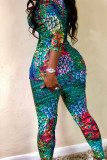 Leopard Print Fashion Casual Print Cardigan Pants Turndown Collar Plus Size Two Pieces