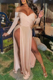 Apricot Fashion Sexy Solid Backless Slit Off the Shoulder Long Sleeve Dresses