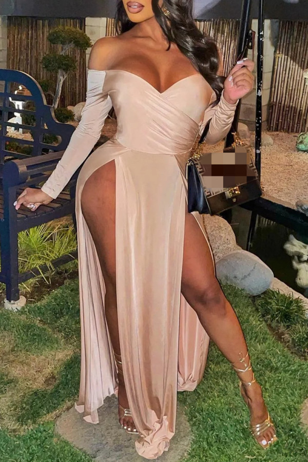 Apricot Fashion Sexy Solid Backless Slit Off the Shoulder Long Sleeve Dresses