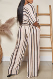 Khaki Fashion Casual Striped Print Patchwork V Neck Half Sleeve Two Pieces