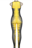 Yellow Fashion Sexy Print Patchwork See-through O Neck Skinny Jumpsuits