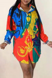 Colour Fashion Casual Print Patchwork Turndown Collar Shirt Dress