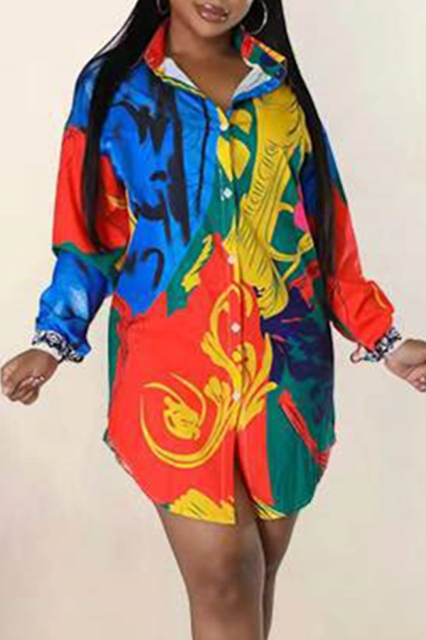 Colour Fashion Casual Print Patchwork Turndown Collar Shirt Dress