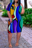 Multicolor Fashion Casual Print Patchwork V Neck Short Sleeve Dress