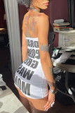White Fashion Sexy Letter Print Strapless Sleeveless Dress