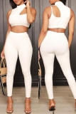 Cream White Fashion Sexy Solid Hollowed Out Patchwork Turtleneck Sleeveless Two Pieces