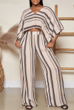Khaki Fashion Casual Striped Print Patchwork V Neck Half Sleeve Two Pieces