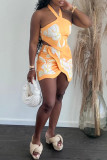 Orange Fashion Sexy Print Patchwork Backless Halter Sleeveless Two Pieces