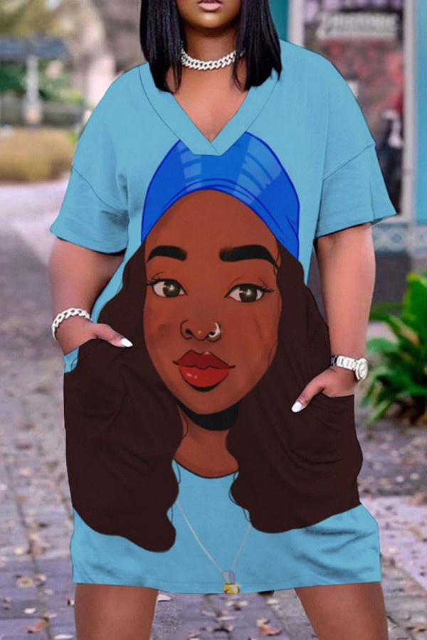 Light Blue Fashion Casual Print Patchwork V Neck Short Sleeve Dress