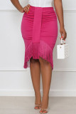 Rose Red Elegant Solid Tassel Patchwork High Waist Straight Solid Color Bottoms