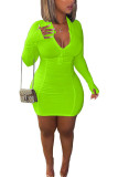 Green Fashion adult Ma'am Sweet Cap Sleeve Long Sleeves O neck Step Skirt skirt Solid chain Dresses