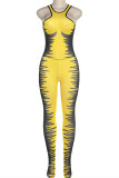 Yellow Fashion Sexy Print Patchwork See-through O Neck Skinny Jumpsuits