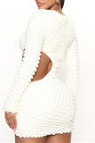 White Fashion Casual Solid Hollowed Out O Neck Long Sleeve Dresses