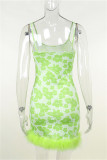 Green Fashion Sexy Print Patchwork Backless Spaghetti Strap Sleeveless Dress
