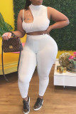 Cream White Fashion Sexy Solid Hollowed Out Patchwork Turtleneck Sleeveless Two Pieces