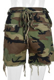 Camouflage Fashion Casual Camouflage Print Ripped Patchwork Regular High Waist Shorts