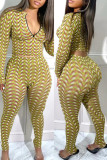 Multicolor Fashion Casual Print Patchwork Zipper Collar Long Sleeve Two Pieces