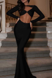 Black Fashion Solid Hollowed Out Halter Trumpet Mermaid Dresses