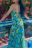 Green Fashion Sexy Print Bandage Backless Spaghetti Strap Long Dress