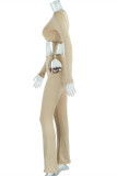 Khaki Fashion Sexy Solid Hollowed Out V Neck Long Sleeve Two Pieces