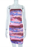 Multicolor Fashion Sexy Print Backless Fold Spaghetti Strap Sleeveless Dress