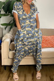 Multicolor Fashion Casual Camouflage Print Patchwork V Neck Harlan Jumpsuits