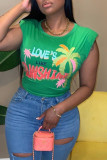 Green Fashion Casual Print Patchwork O Neck T-Shirts