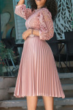 Pink Fashion Casual Solid Hollowed Out Patchwork With Belt O Neck Pleated Dresses