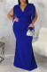 Blue Fashion Casual Plus Size Solid Tassel Patchwork V Neck Long Dress