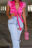 Red Fashion Casual Solid Bandage Patchwork Turndown Collar Tops