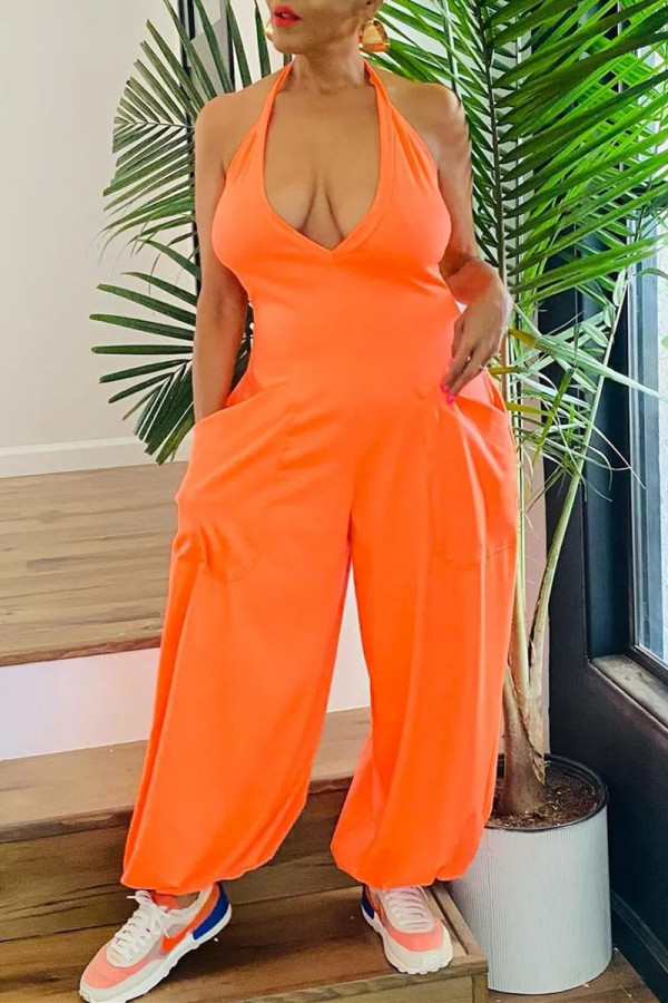 Orange Sexy Casual Solid Bandage Backless Halter Regular Jumpsuits