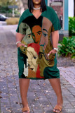 Pink Fashion Casual Print Patchwork V Neck Short Sleeve Dress