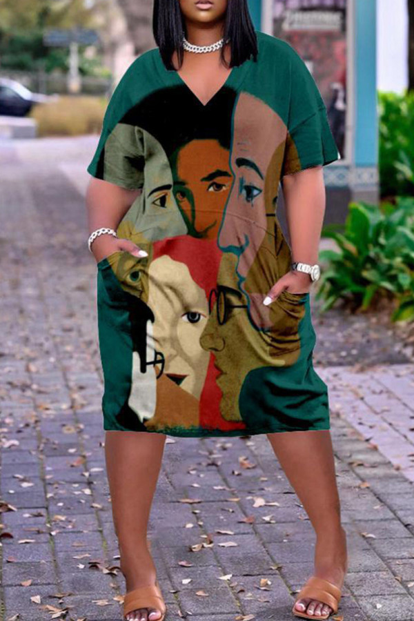 Dark Green Fashion Casual Print Patchwork V Neck Short Sleeve Dress