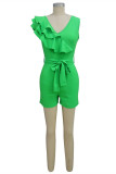 Blue Fashion Casual Solid Patchwork V Neck Regular Romper