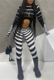 Multicolor Fashion Sexy Striped Print Hollowed Out Turtleneck Skinny Jumpsuits