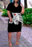 Multicolor Fashion Casual Print Patchwork V Neck Short Sleeve Dress