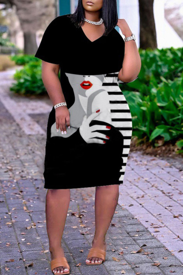 Black Fashion Casual Print Patchwork V Neck Short Sleeve Dress