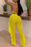 Yellow Fashion Sexy Patchwork Solid See-through Backless Strap Design Swimwears