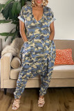 Multicolor Fashion Casual Camouflage Print Patchwork V Neck Harlan Jumpsuits
