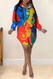 Colour Fashion Casual Print Patchwork Turndown Collar Shirt Dress