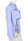 Blue Fashion Sexy Striped Print Bandage Hollowed Out Patchwork Turndown Collar Long Sleeve Two Pieces