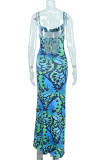 Green Fashion Sexy Print Bandage Backless Spaghetti Strap Long Dress