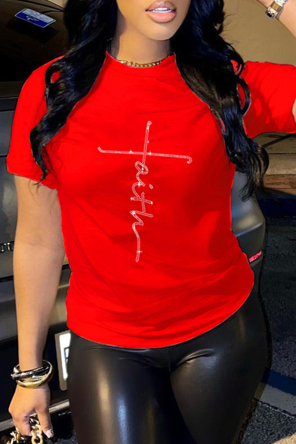 Red Fashion Casual Patchwork Hot Drill O Neck T-Shirts