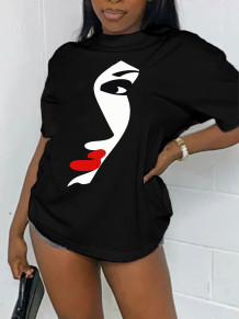 Black Casual Fashion Print Patchwork O Neck T-Shirts